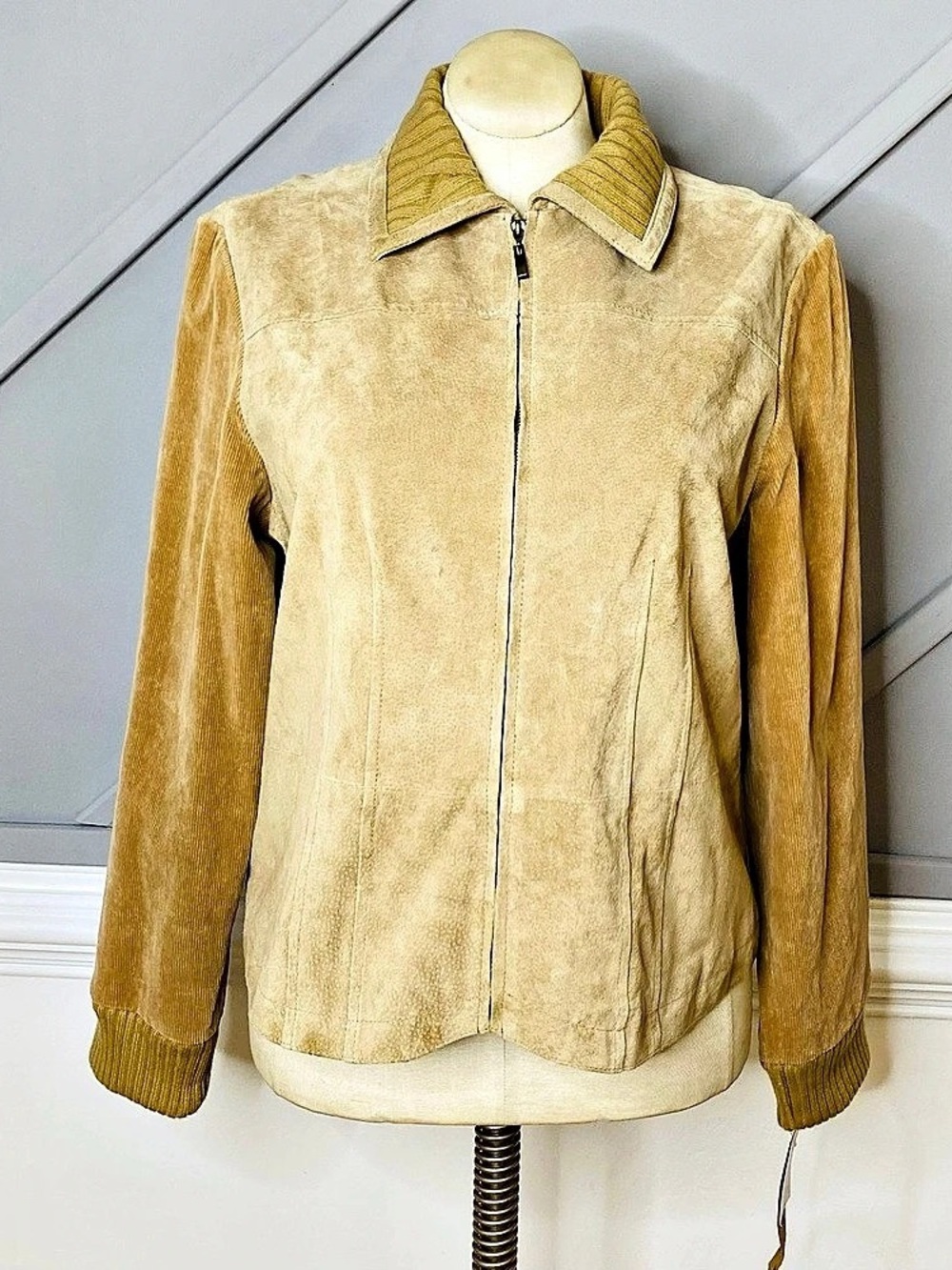 Vintage A.M.I. Tan Suede Leather Jacket Ribbed Knit Sleeves Y2K Western Size XL
